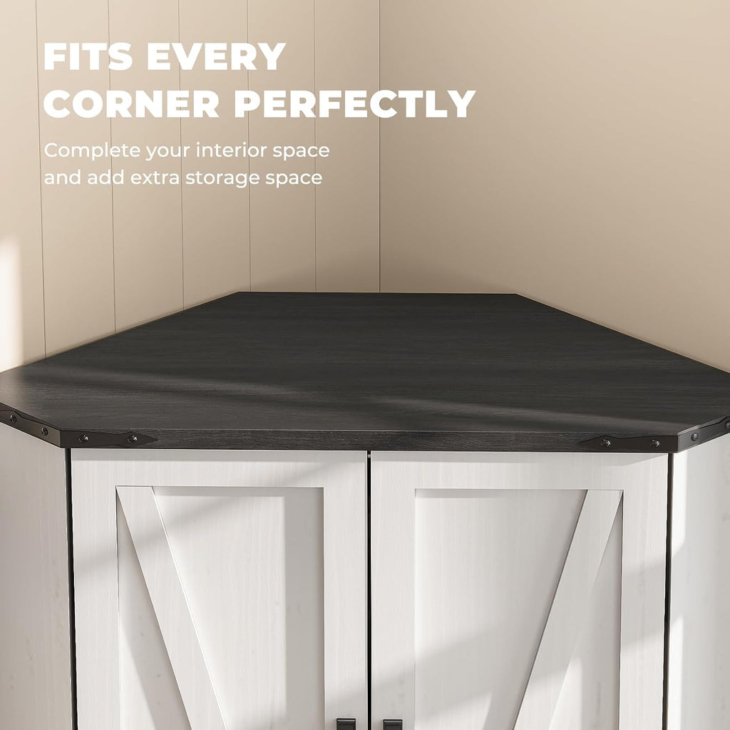Dripex 71' White Farmhouse Corner Pantry Cabinet with LED Light, Tall Storage Cabinet with Doors & Adjustable Shelves, Food Pantry for Kitchen, Living Room, Dining Room