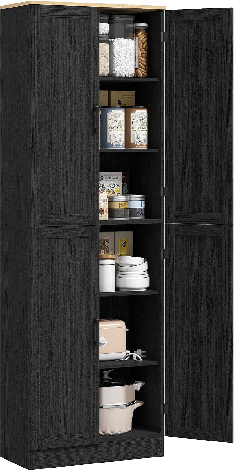 HOMCOM 67' Freestanding Kitchen Pantry, 4-Door Storage Cabinet Organizer with Adjustable Shelves, Kitchen Cabinet with Doors, Distressed Black