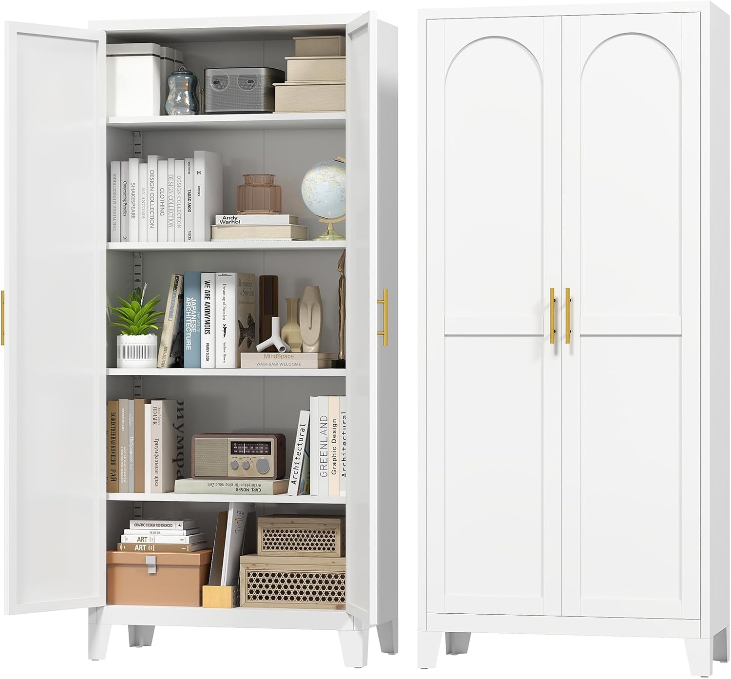 Zevemomo 71'' Tall Metal Pantry Cabinet with 2 Doors, Freestanding Kitchen Storage Cabinet with 4 Adjustable Shelves, Steel Cupboard for Kitchen, Pantry, Dining Room, Living Room, Bathroom, White