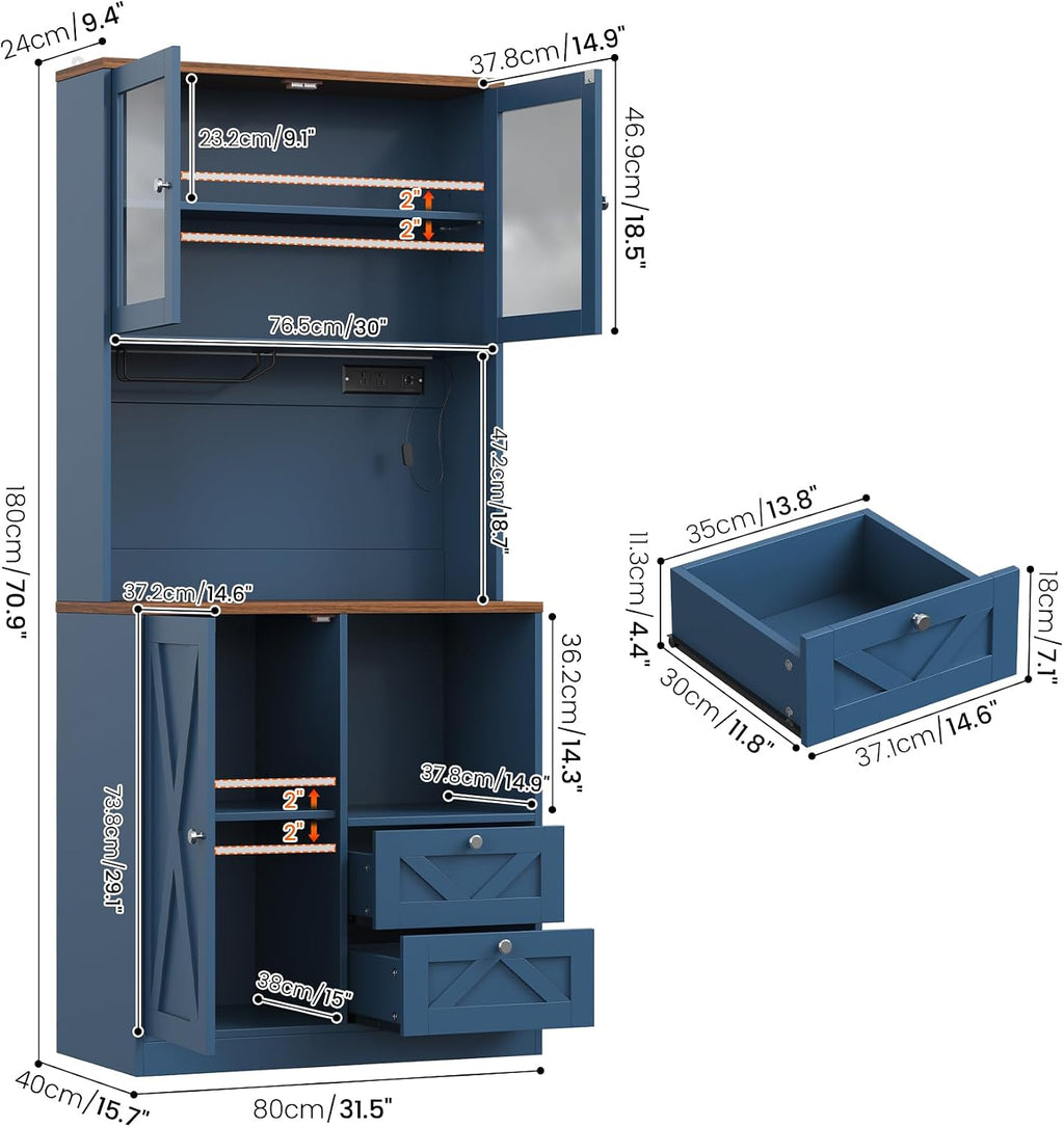71' Tall Coffee Bar Cabinet with Storage Hutch, Farmhouse Kitchen Pantry Cabinet with LED Lights Microwave Stand and Glass Holder for Home Dining Room Kitchen (Blue)