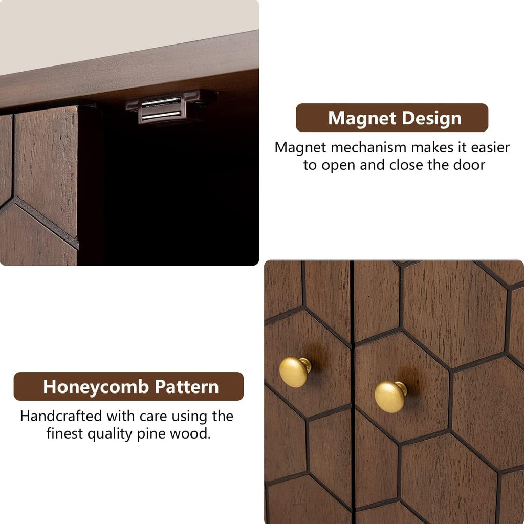 COSIEST 32' Storage Sideboard with Doors, Adjustable Shelf, Decorative Modern Accent Furniture for Living Room, Entryway, Kitchen (Brown, Honeycomb Pattern)