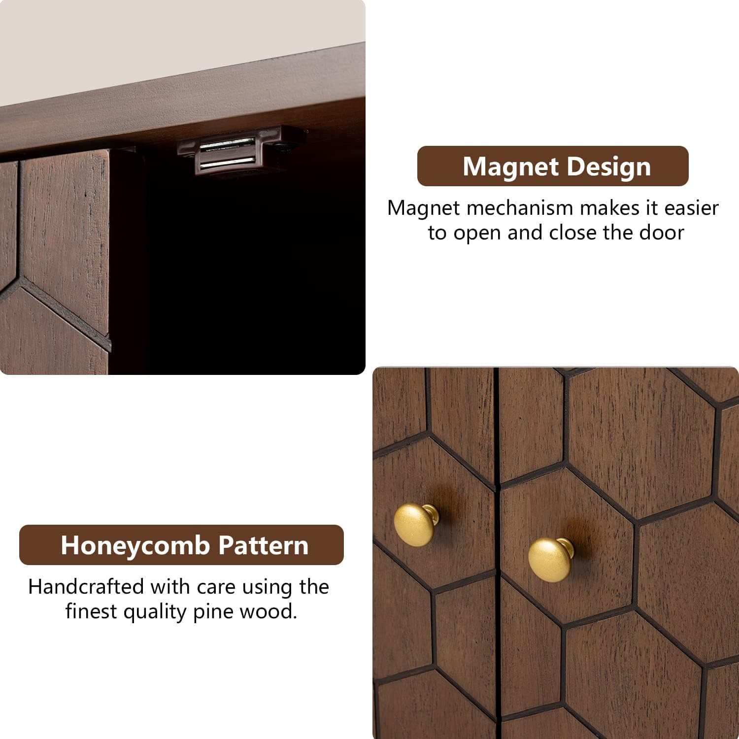 COSIEST 32' Storage Sideboard with Doors, Adjustable Shelf, Decorative Modern Accent Furniture for Living Room, Entryway, Kitchen (Brown, Honeycomb Pattern)