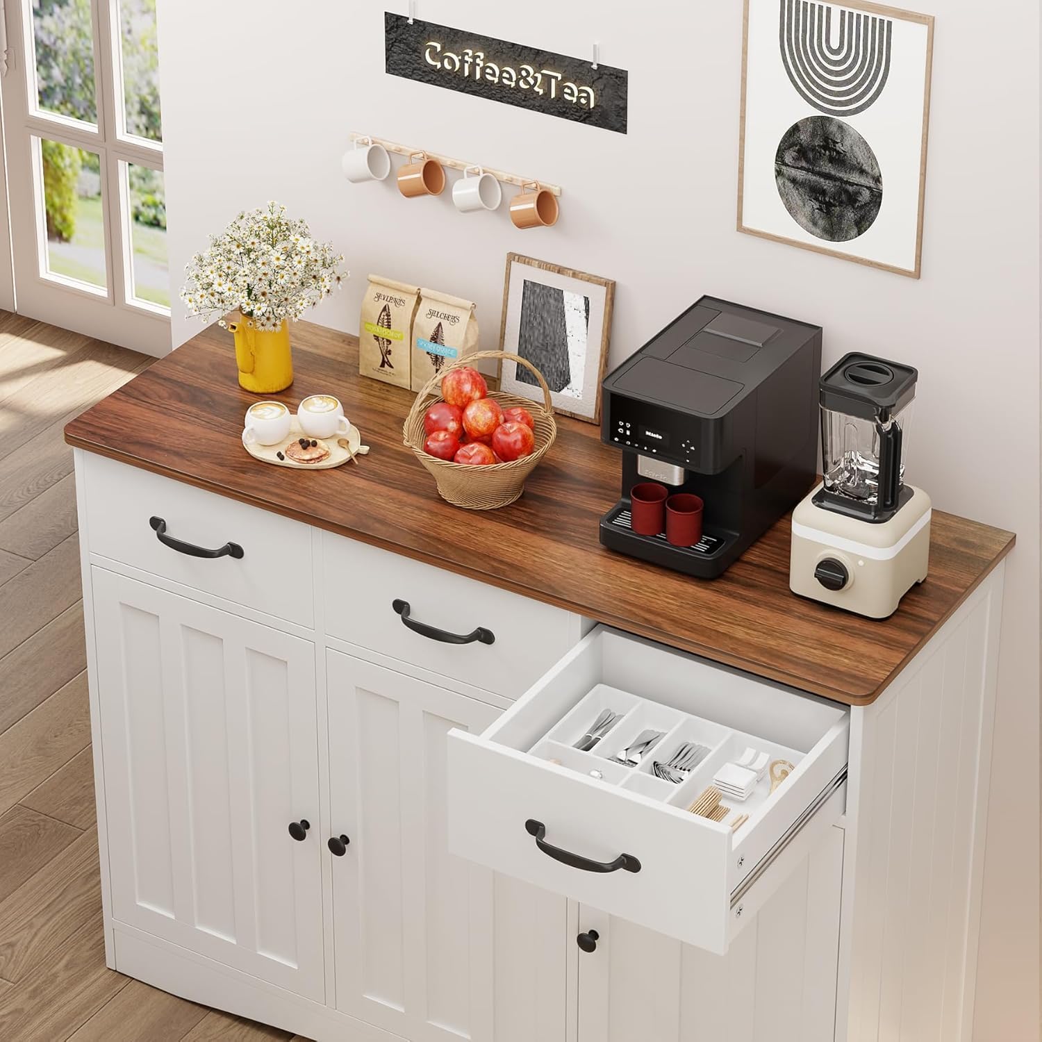 Gizoon Farmhouse Sideboard Buffet Cabinet, 42.5'' Kitchen Storage Cabinets with 3 Drawers and Barn Doors, Wood Coffee Bar Cabinet with Adjustable Shelf for Kitchen, Dining Room, Living Room, Retro