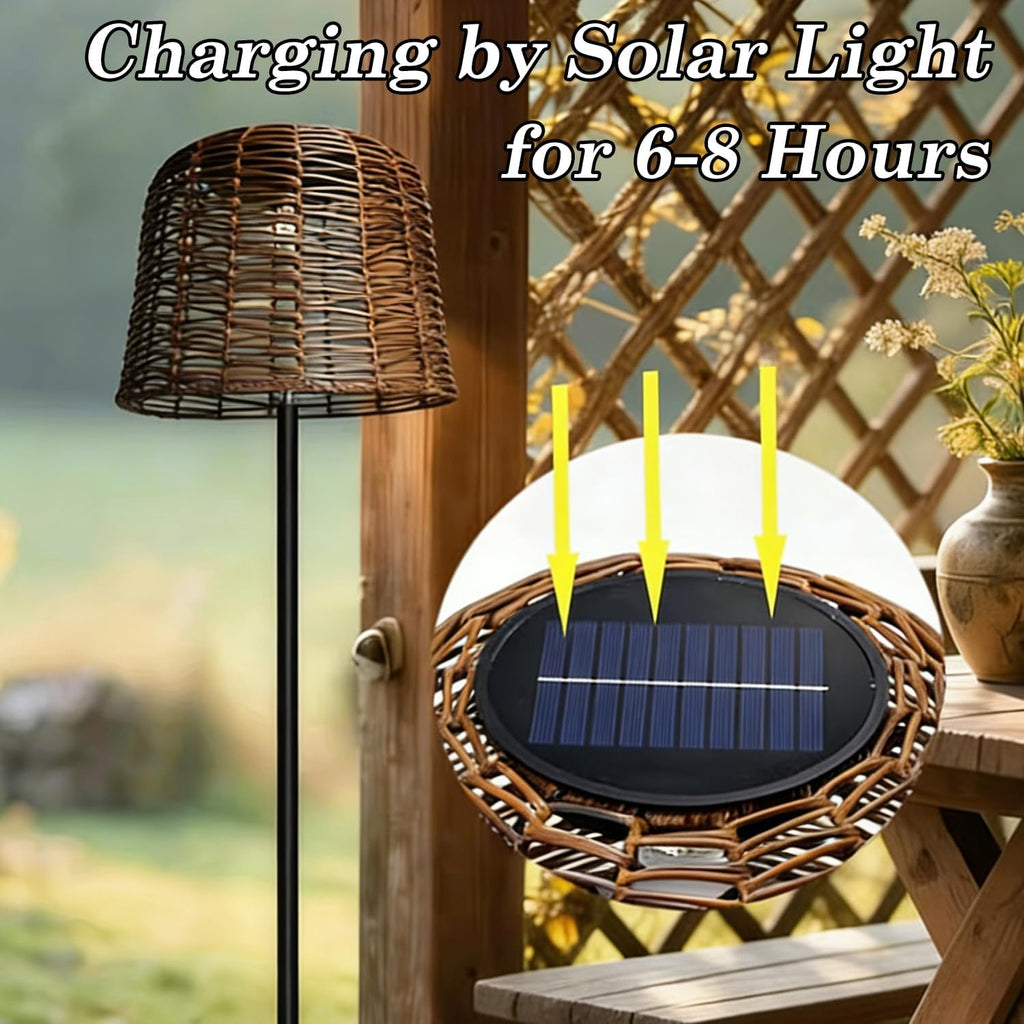 MIXL-Coffee Brown Outdoor Floor Lamp,Waterproof Wicker Shade Standing Lamp,Modern Farmhouse Dusk to Dawn Solar Light, 3000K Led Solar Outdoor Light for Patio Garden and Gazebo