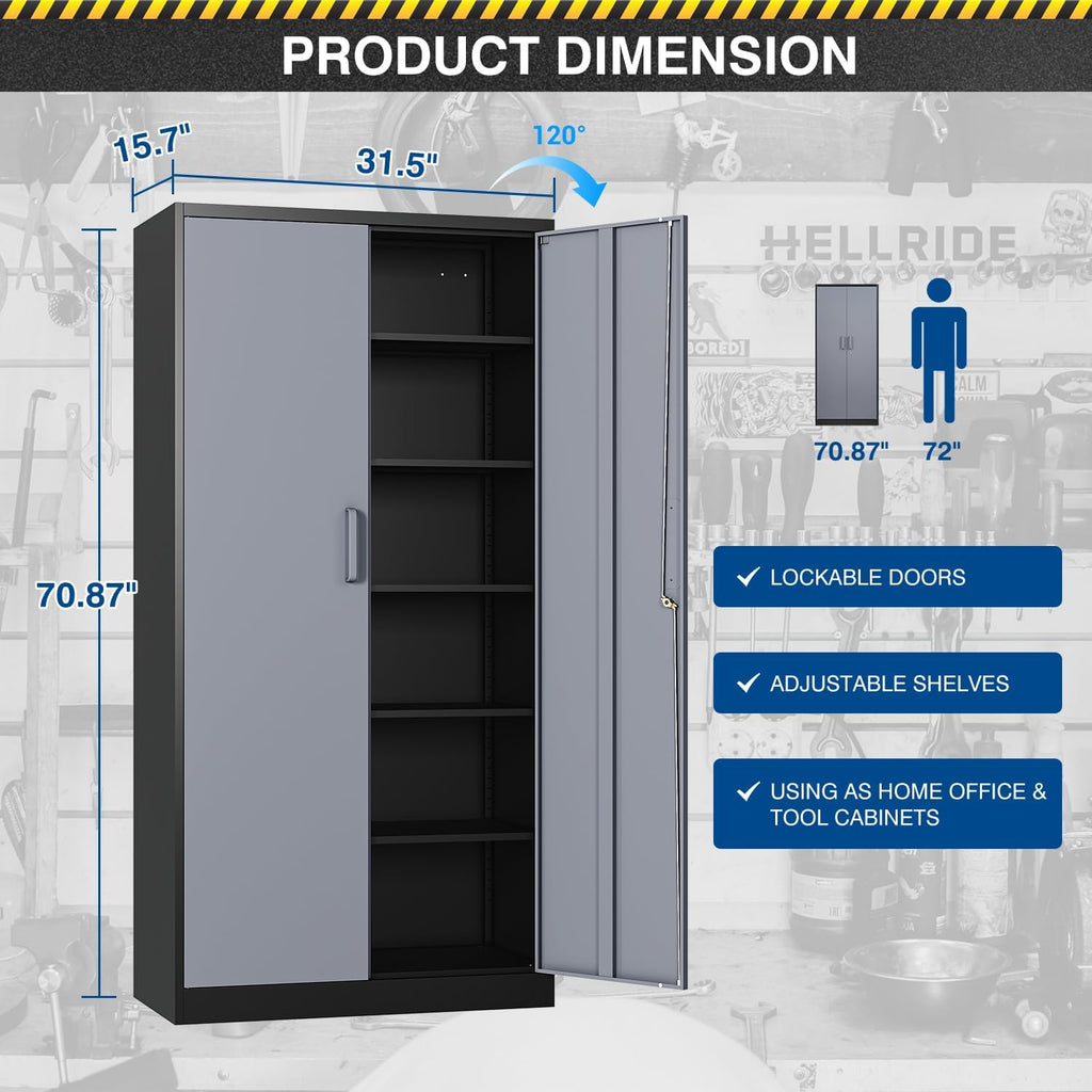 Fesbos Metal Cabinet Steel Storage Cabinet - 71' Tall File Cabinets with Lockable Doors and 5 Adjustable Shelves Black&Gray Steel Storage Cabinets for Home, School, Office, Garage