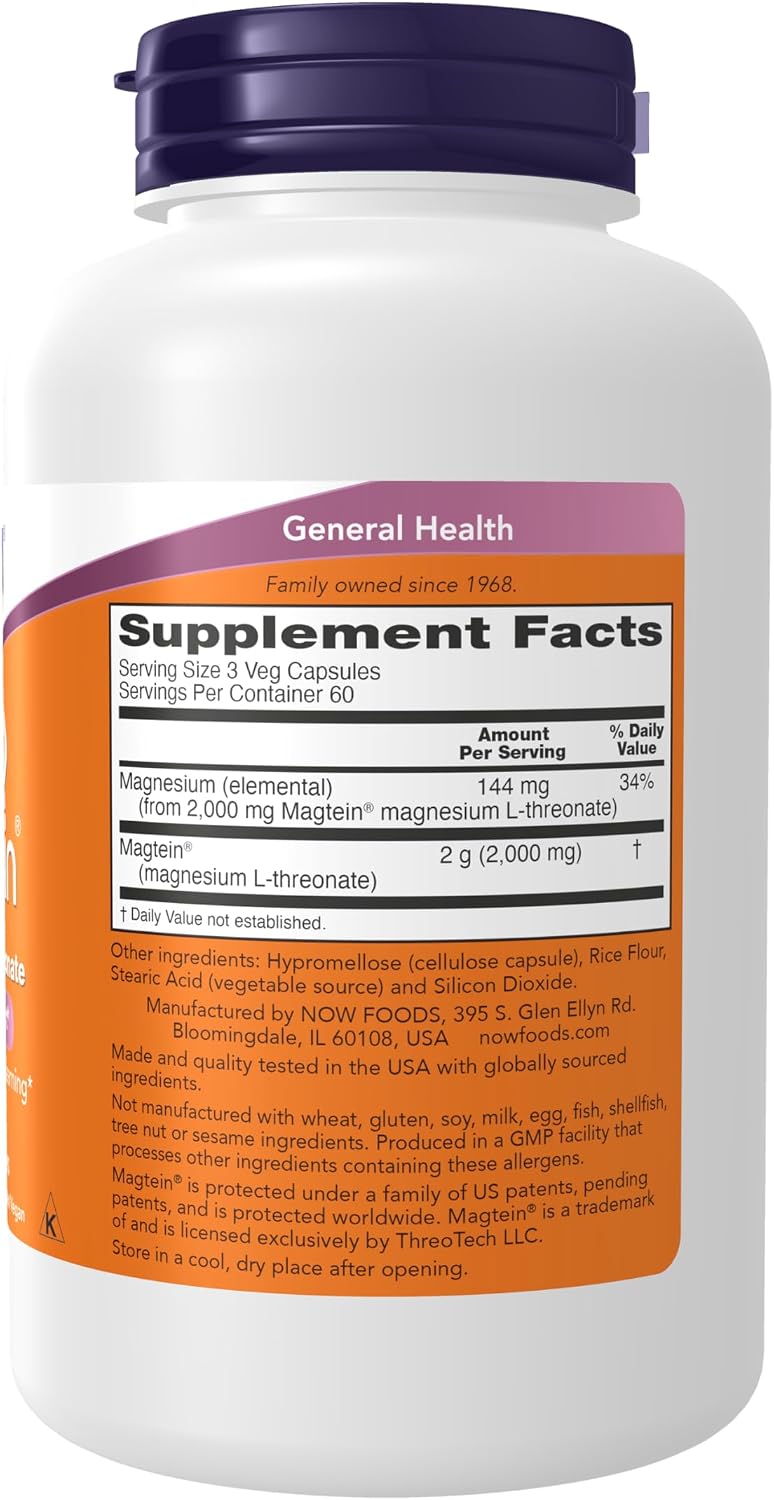 Now Foods Supplements Magtein, Magnesium L-Threonate, Cognitive Support*, 180 Veg Capsules, (Pack of 2)