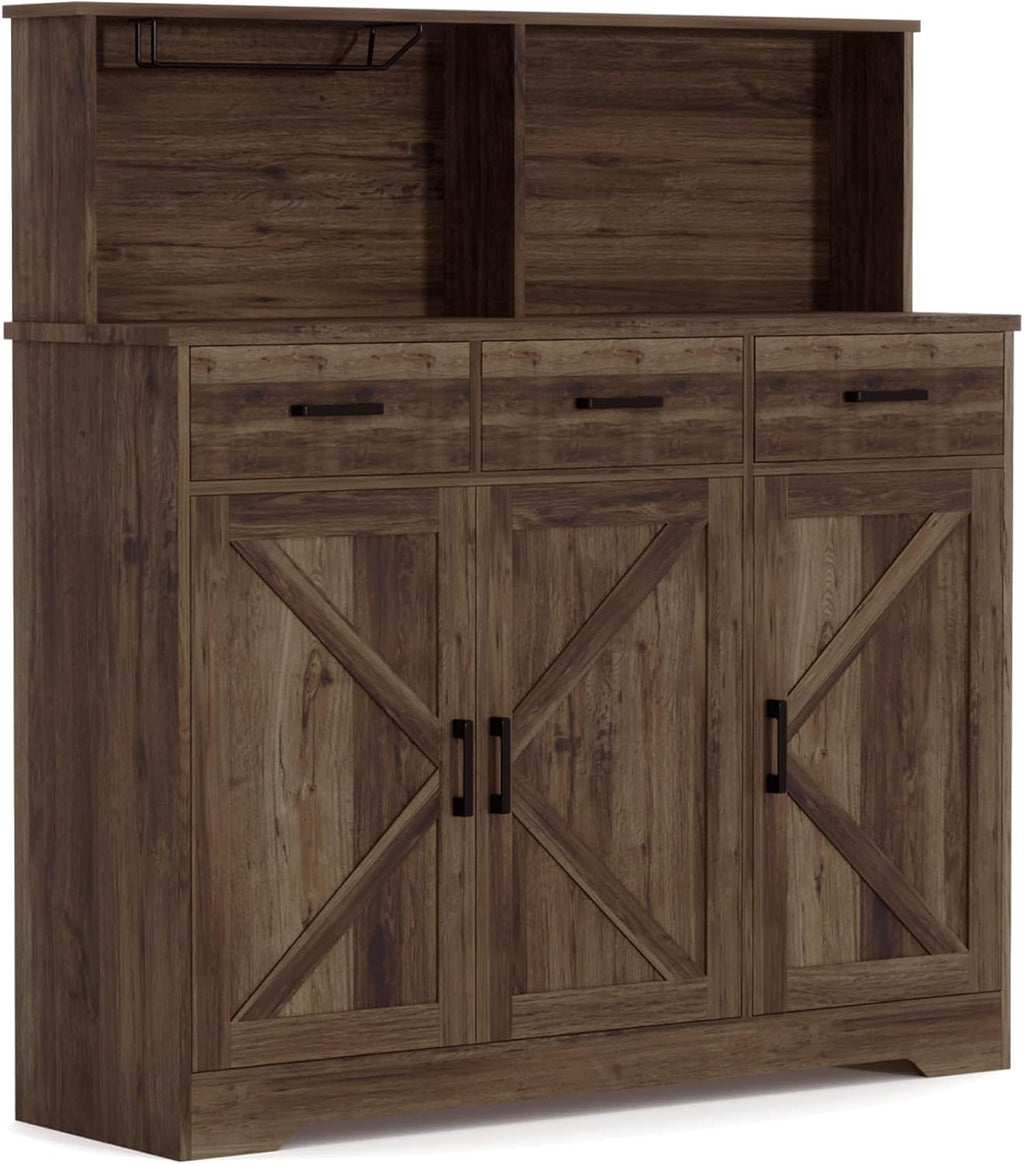 GarveeHome Farmhouse Sideboard Buffet with Microwave Stand, Barn Doors Buffet Storage Cabinet with Drawers and Shelves, Wood Coffee Bar Cabinet for Kitchen, Dining Room, Living Room, Brown