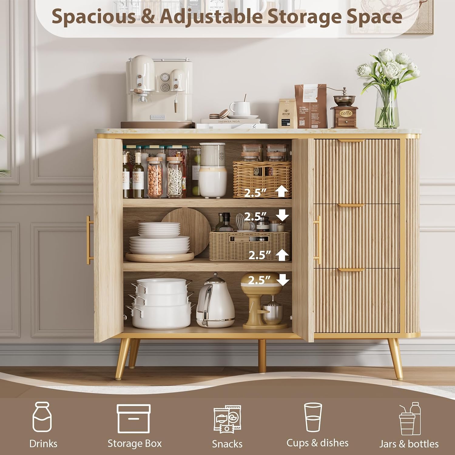 47.3' Modern Buffet Cabinet with Storage, Kitchen Sideboard Buffet with 2 Door & 3 Drawers, Fluted Caffee Bar Storage Cabinet for Dining Room, Living Room, Entryway, Natural Oak