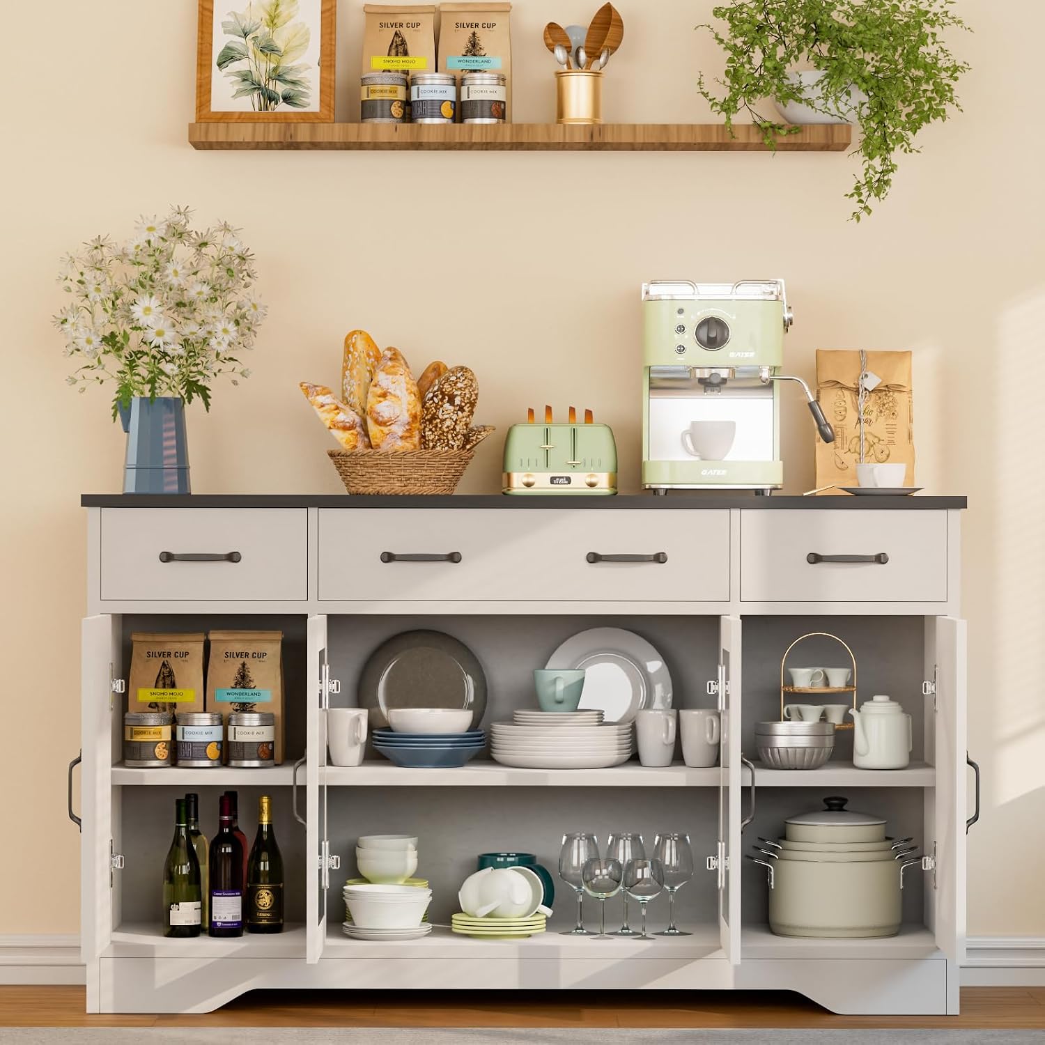 Likein Sideboard Buffet Cabinet with Storage, 55' Kitchen Coffee Bar Cabinet with 3 Drawers & Glass Doors, Farmhouse Sideboard Buffet Table with Adjustable Shelves for Living Room, Dining Room, White