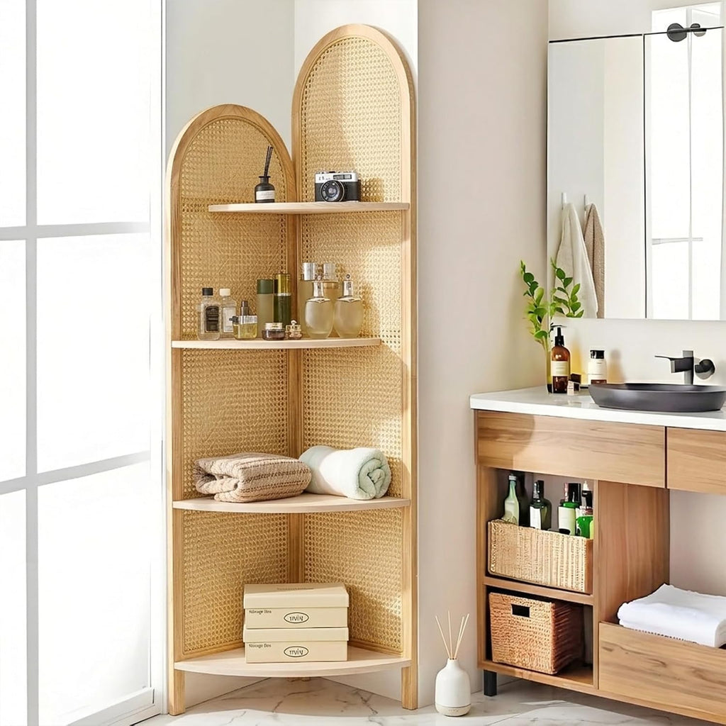 Corner Shelf Stand 4-Tier 70' Tall Corner Shelf with Solid Wood Frame and Rattan, Corner Bookshelf Organizer Rack, Corner Plant Stand for Living Room Decor, Small Space (Natural)