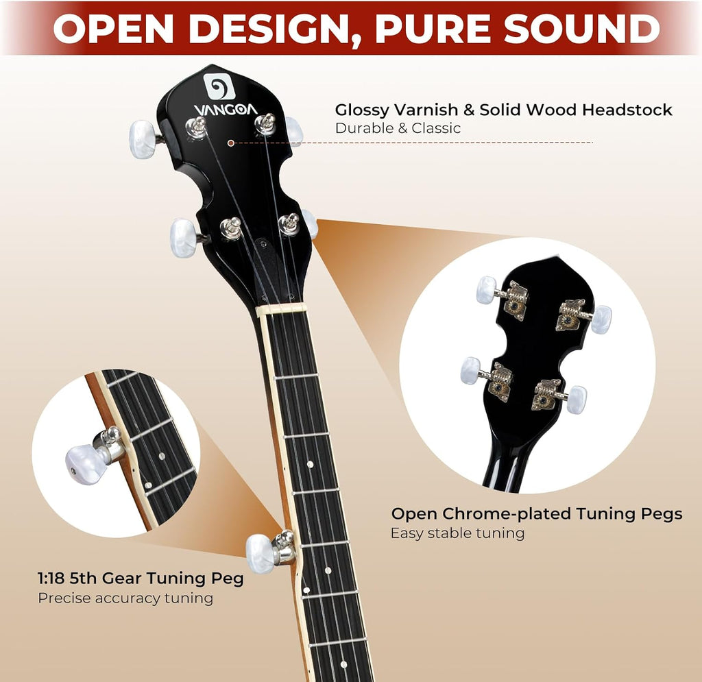 Vangoa NYLON Banjo 5 String Kit, 38 Inch Full Size Banjo with Nylon Strings with Gig Bag, Premium Accessories Outfit, Starter Kit for Beginners Adults Teens, Brown
