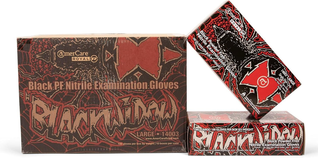 AmerCare Black Widow Powder Free Nitrile Gloves, Large, Black, Case of 1000