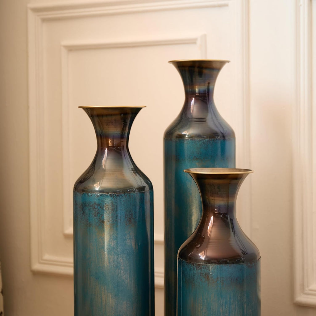 Aqua Blue Tall Floor Vase - 20.4/24.4/28.34 in Metal Droplet-Shaped Vases Extra Large Decorative Vase Set of 3 Living Room Modern Gorgeous Home Decoration Large Glazed Metal Vase