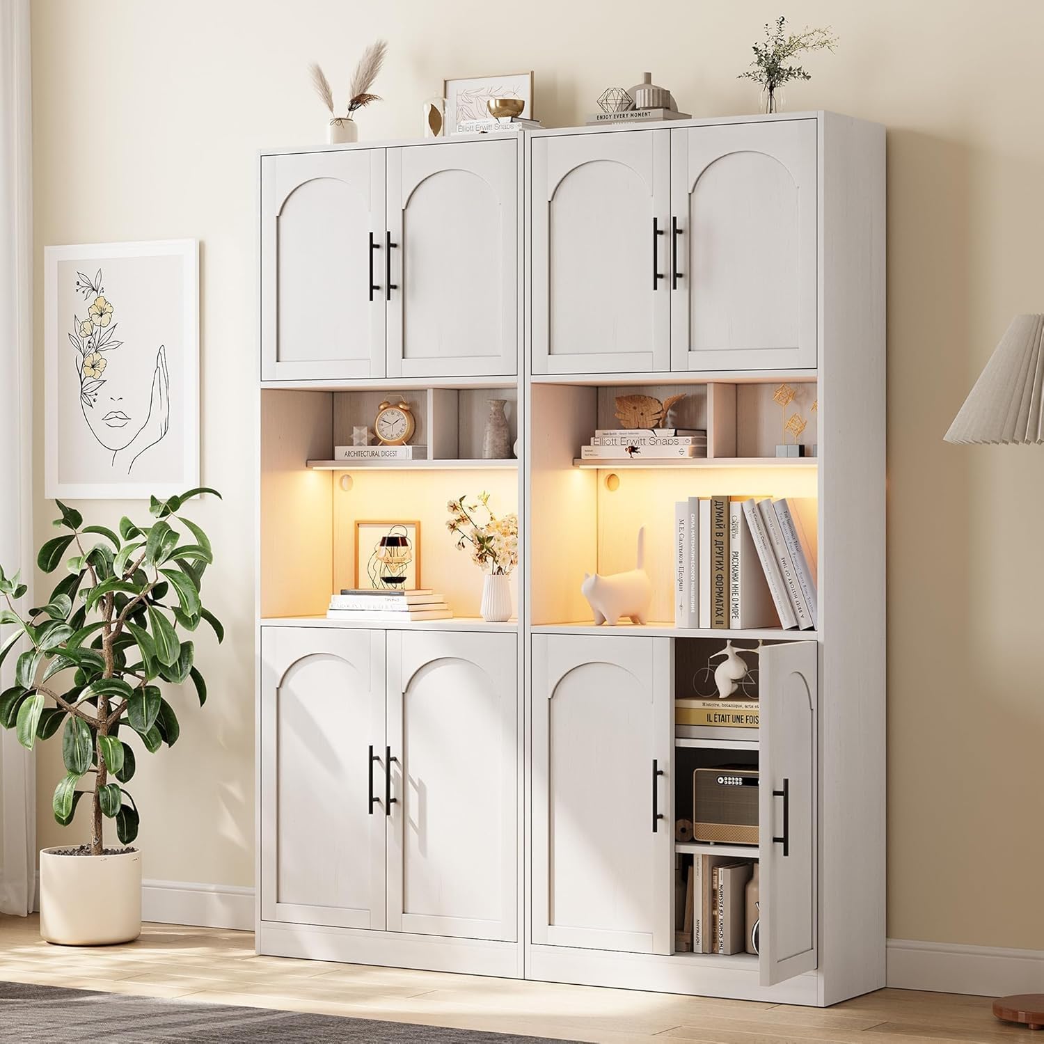 71' Tall Pantry Cabinet with Countertop, Kitchen Cabinets with LED Light Strip & Microwave Shelf, Kitchen Hutch Storage Cabinet with Adjustable Shelves for Dining Room, White