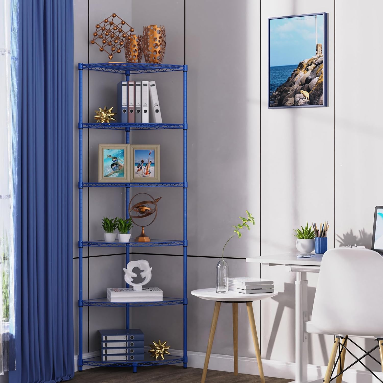 6 Tier NSF Corner Wire Shelf Shelving Unit, 18 x 18 x 72 Inch 420lbs Capacity Heavy Duty Adjustable Metal Storage Rack with Leveling Feet & Shelf Liners for Office Kitchen Bathroom and More - Blue