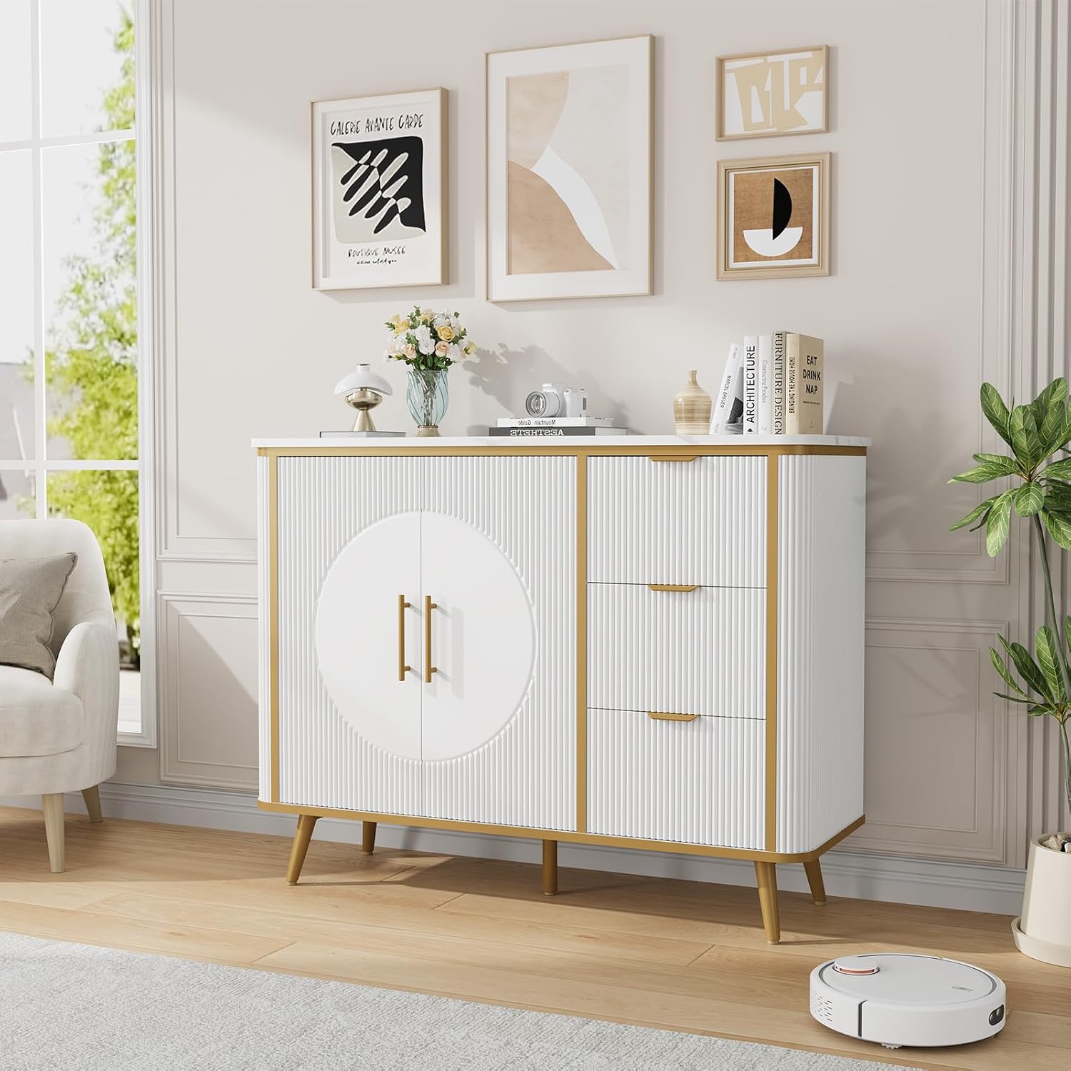 47.3' Modern Buffet Cabinet with Storage, Kitchen Sideboard Buffet with 2 Door & 3 Drawers, Fluted Caffee Bar Storage Cabinet for Dining Room, Living Room, Entryway, White