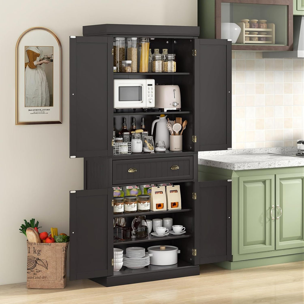 Tangkula 72' H Kitchen Pantry Cupboard Cabinet, Traditional Freestanding Large Tall Storage Cabinet with 2 Cabinets and Drawer, Adjustable Shelves, for Living Room Kitchen, 30 x 16 x 72 Inch