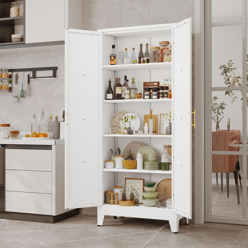 pozdeg 71' Tall Kitchen Pantry Cabinet, Metal Storage Cabinet with 2 Doors and 4 Adjustable Shelves, White Food Pantry Cupboard for Kitchen, Dining Room, Living Room and Bathroom (White)