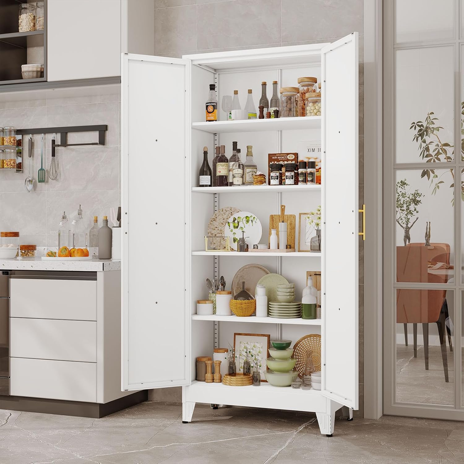 pozdeg 71' Tall Kitchen Pantry Cabinet, Metal Storage Cabinet with 2 Doors and 4 Adjustable Shelves, White Food Pantry Cupboard for Kitchen, Dining Room, Living Room and Bathroom (White)
