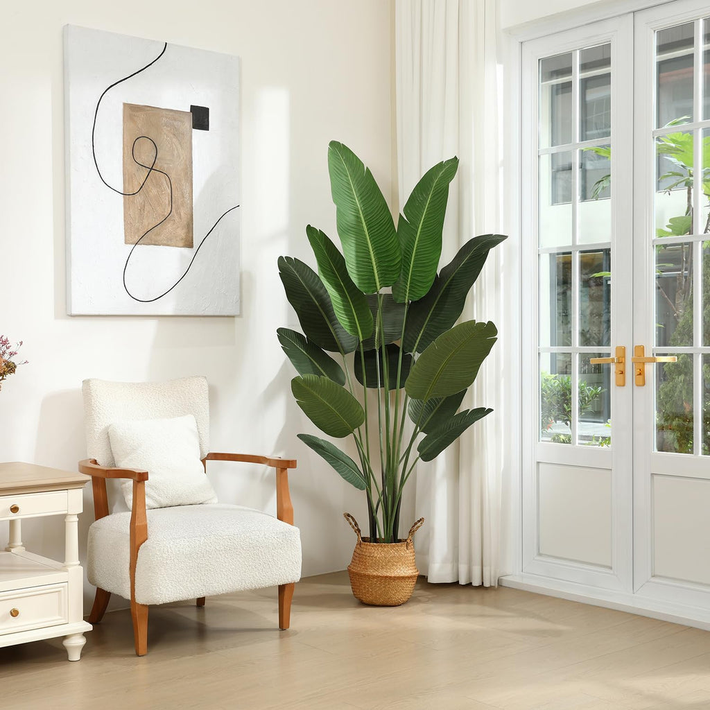 Ferrgoal Artificial Bird of Paradise Plants 6 Ft Fake Tropical Tree with Woven Basket, Faux Banana Leaf Plant for Home Indoor Outdoor Office Modern Decor Green 2 Set