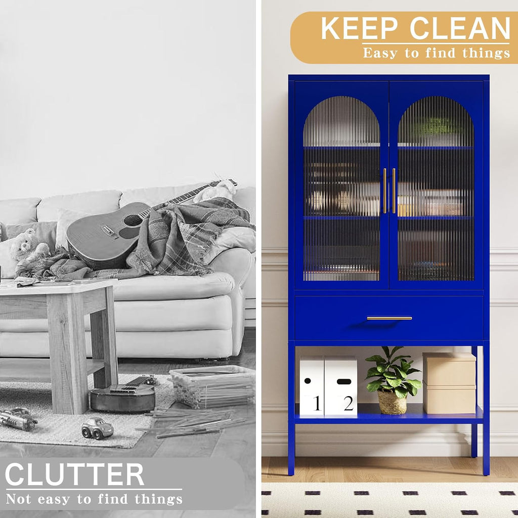 ALBAD 63 Inch Tall Metal Pantry/Display/Storage Cabinet with Fluted Glass Doors and Drawer & Adjustable Shelf for Modern Home Office Living Room Kitchen Blue