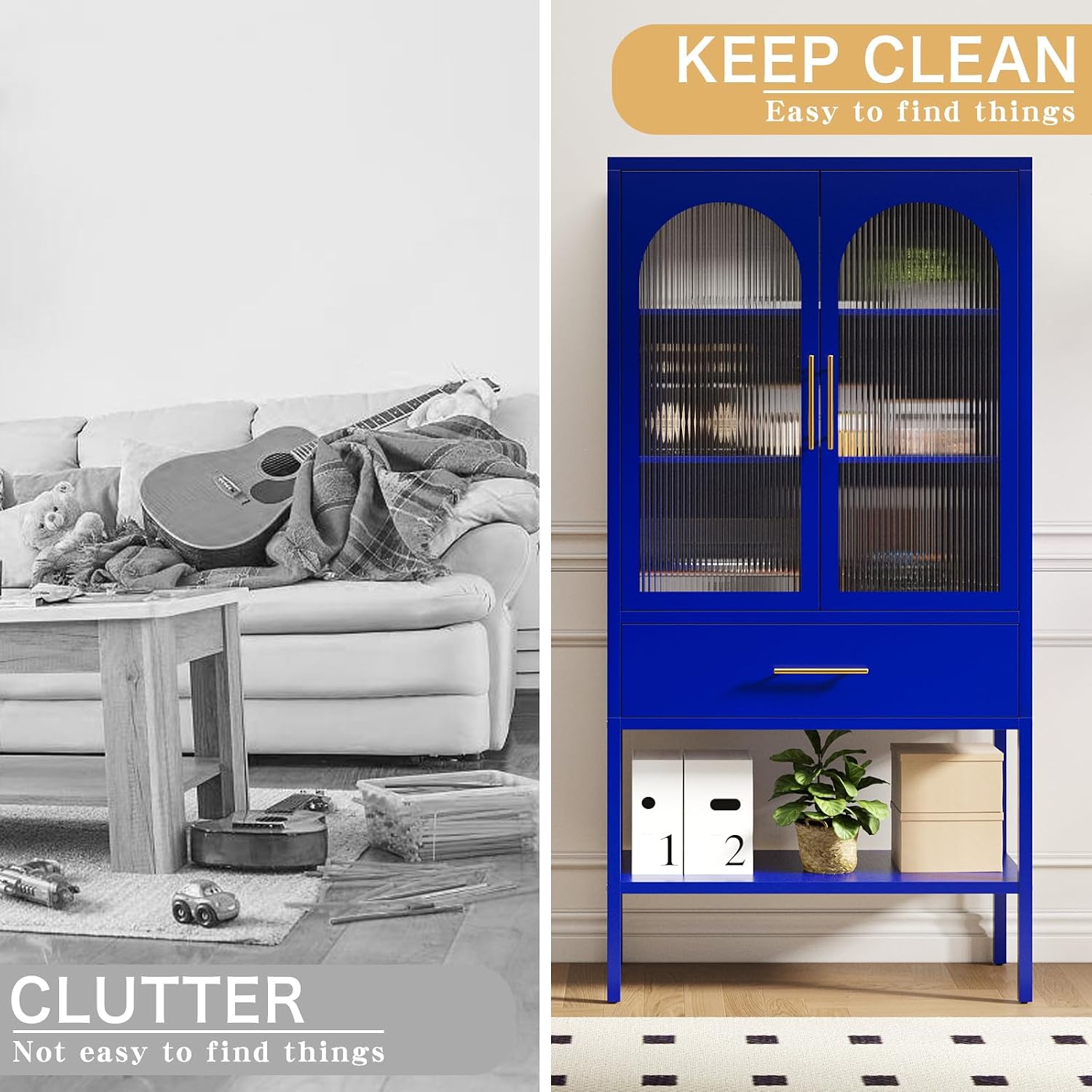 ALBAD 63 Inch Tall Metal Pantry/Display/Storage Cabinet with Fluted Glass Doors and Drawer & Adjustable Shelf for Modern Home Office Living Room Kitchen Blue