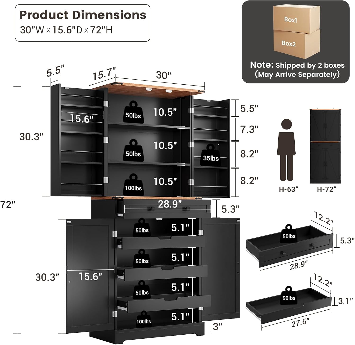 ELYKEN 72' Pantry Cabinet, Kitchen Storage Cabinet with 3 Pull Out Shelves & 8 Door Shelves, Tall Kitchen Pantry Cabinet with Adjustable Shelf, Kitchen Hutch with Large Drawer,for Dining Room