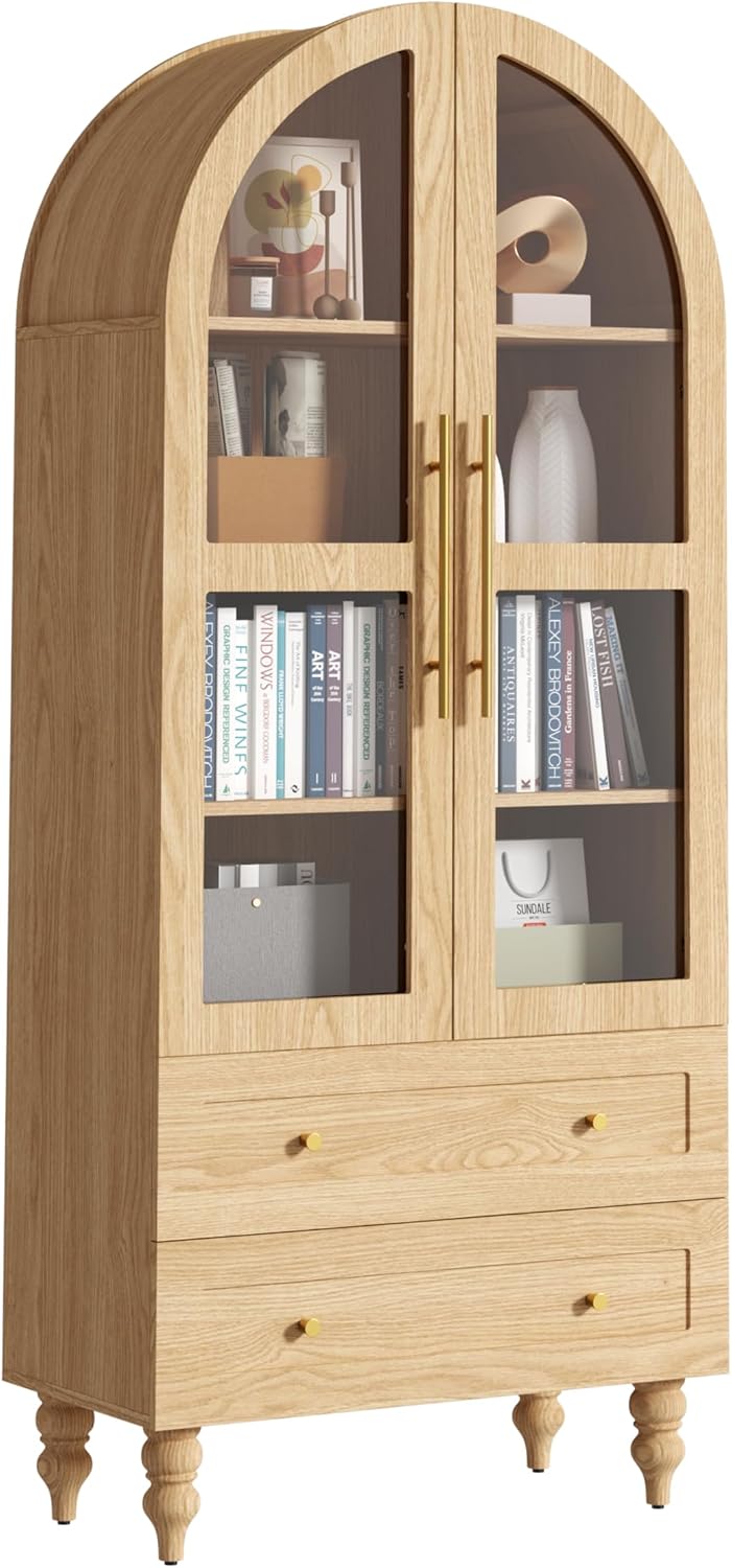 Vongrasig 71' Tall Arched Kitchen Pantry Storage Cabinet with Glass Doors, 2 Large Drawers, 6-Tier Tall Rustic Wood Cupboard Locker for Kitchen, Dining Room, Living Room, Bathroom,Natural