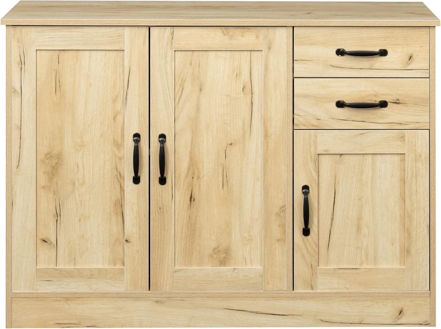 43' Modern Wood Freestanding Storage Cabinet, Kitchen Storage Bakers Rack with Double Doors, Utility Food Cupboard with Drawers for Dining Room Organization, Oak