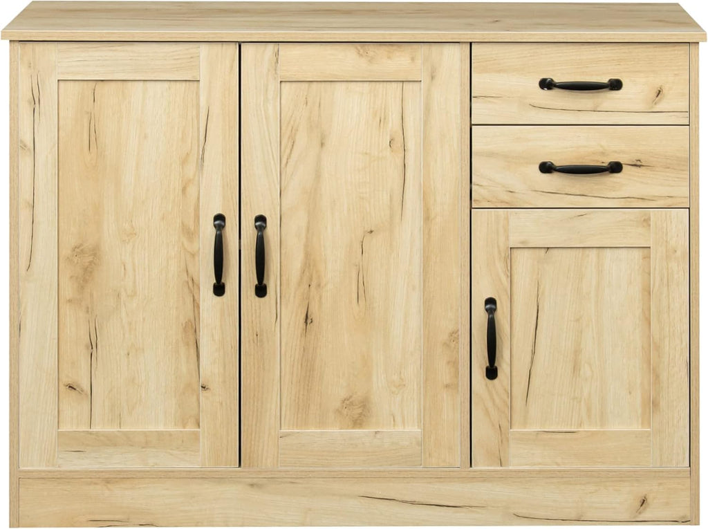 43' Modern Wood Freestanding Storage Cabinet, Kitchen Storage Bakers Rack with Easy Clean, Utility Food Cupboard with 2 Drawers for Dining Room Organization, Oak