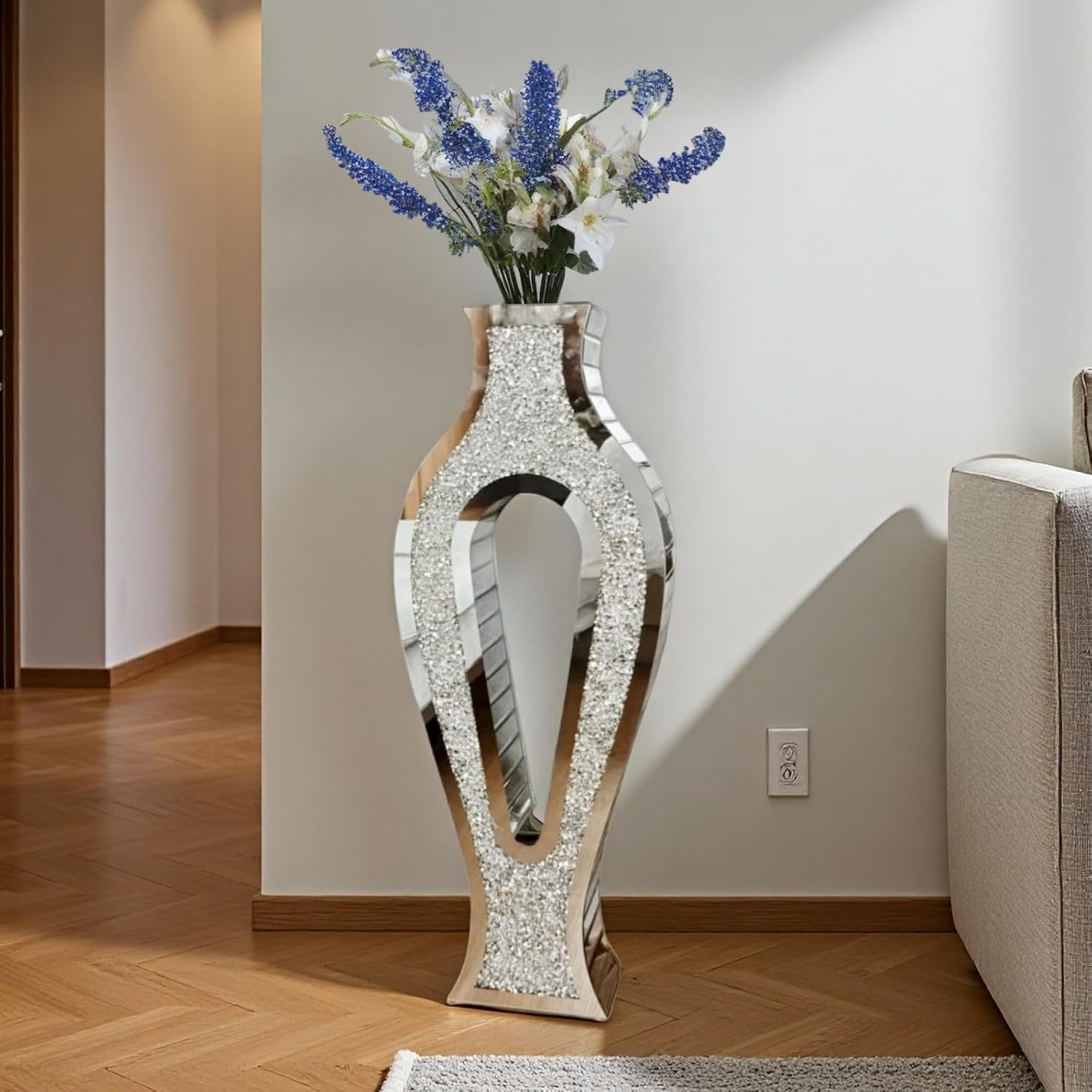 30'' Large Double Sided Crushed Diamond Vase, Tall Mirrored Sliver Vases for Floor,Decorative Vase with High-end Hollow Out Design for Home,Office,Hotel (11.8' L x 5.37' W x 30' H)
