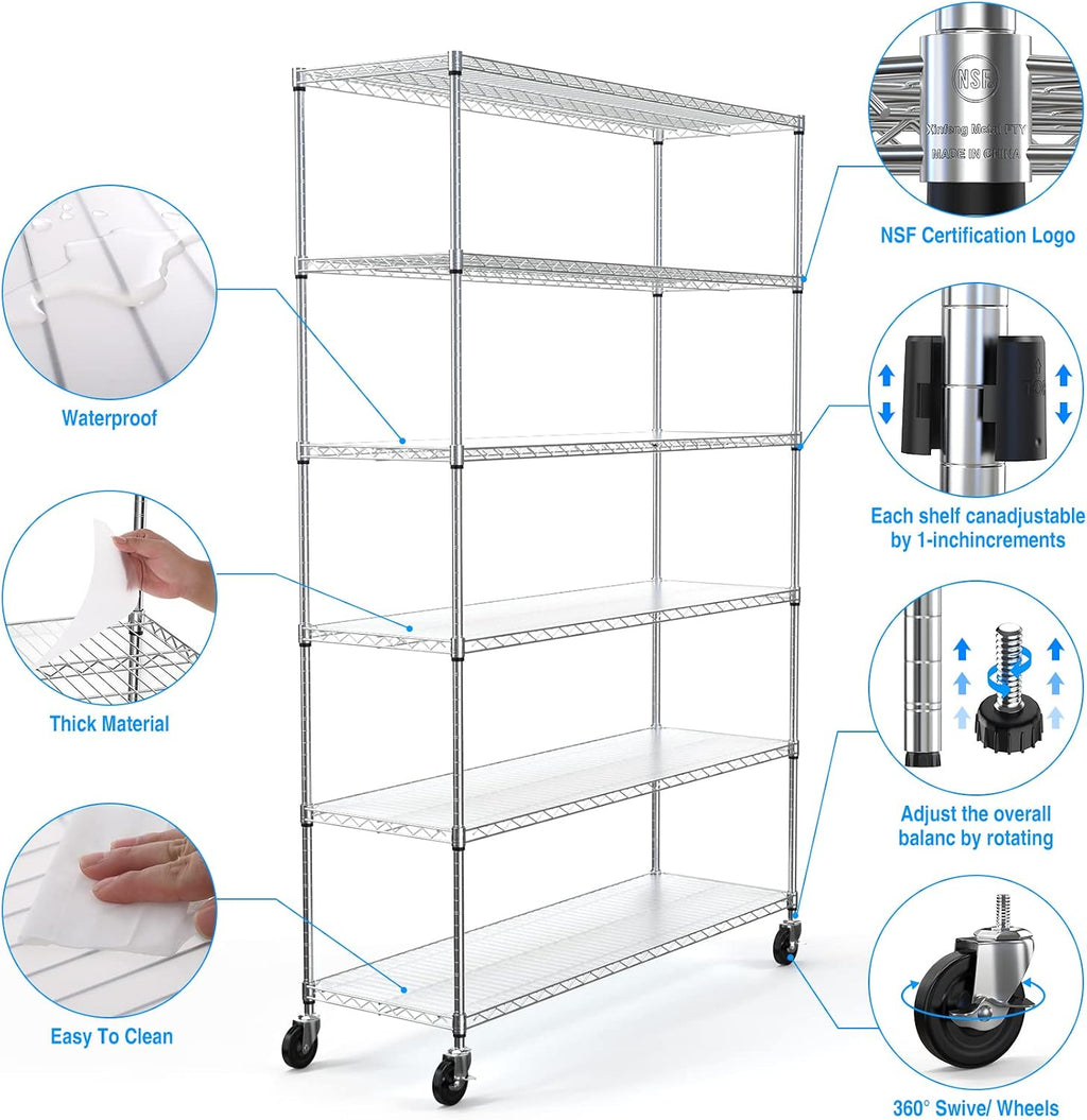 6 Tier 6000lbs Capacity NSF Metal Shelf Wire Shelving Unit, Heavy Duty Adjustable Storage Rack with Wheels & Shelf Liners for Commercial Grade Utility Steel Storage Rack, Chrome - 82'H x 48'L x 18'D