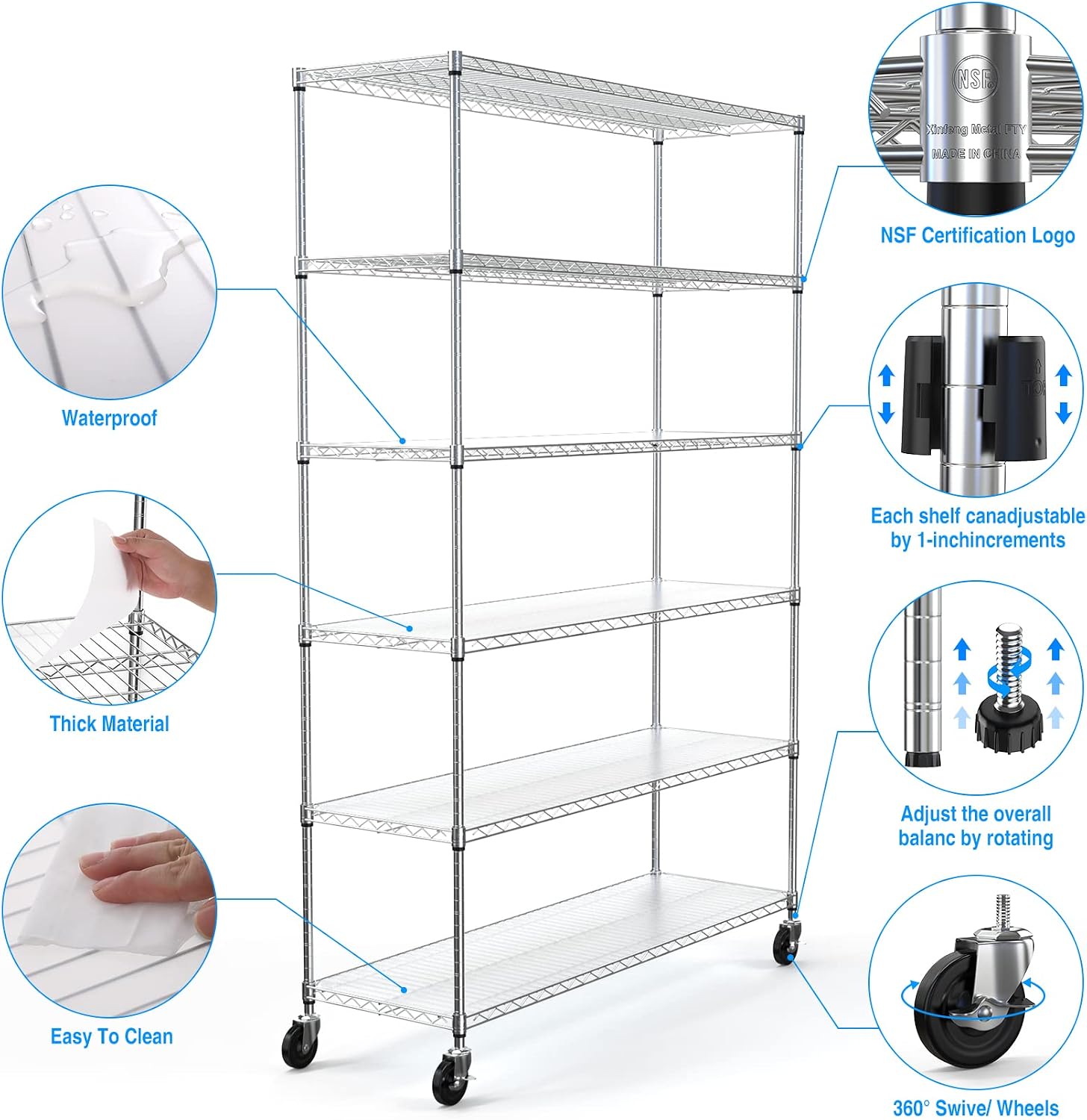 6 Tier 6000lbs Capacity NSF Metal Shelf Wire Shelving Unit, Heavy Duty Adjustable Storage Rack with Wheels & Shelf Liners for Commercial Grade Utility Steel Storage Rack, Chrome - 82'H x 48'L x 18'D