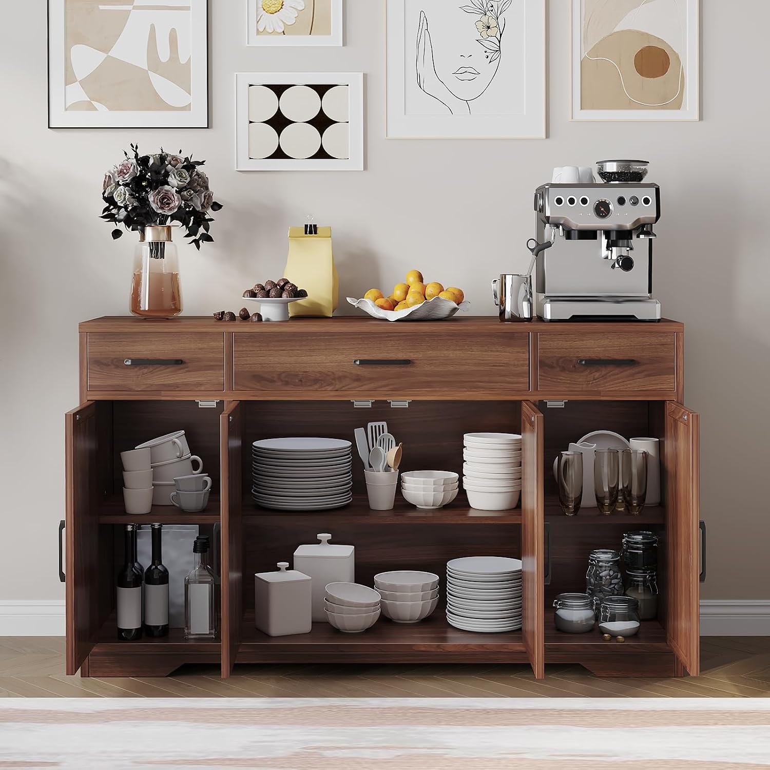 Garvee 55 in Large Buffet Sideboard Cabinet with Storage 4 Doors and 3 Drawers Kitchen Storage Cabinet Coffee Bar Buffet Table for Dining Room, Living Room, Adjustable Shelf
