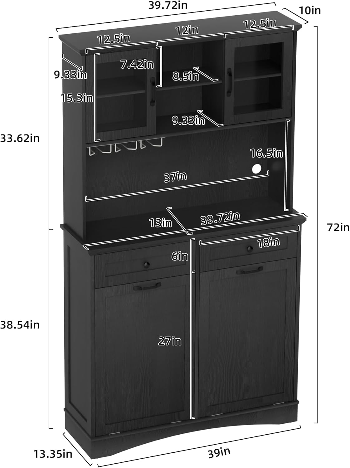 Tilt Out Trash Cabinet, Kitchen Pantry Storage Cabinets with Adjustable Shelves and Drawers, Wooden Freestanding Cabinet Trash Cans for Kitchen Living Room Dining Room, Black, 26 Gallons