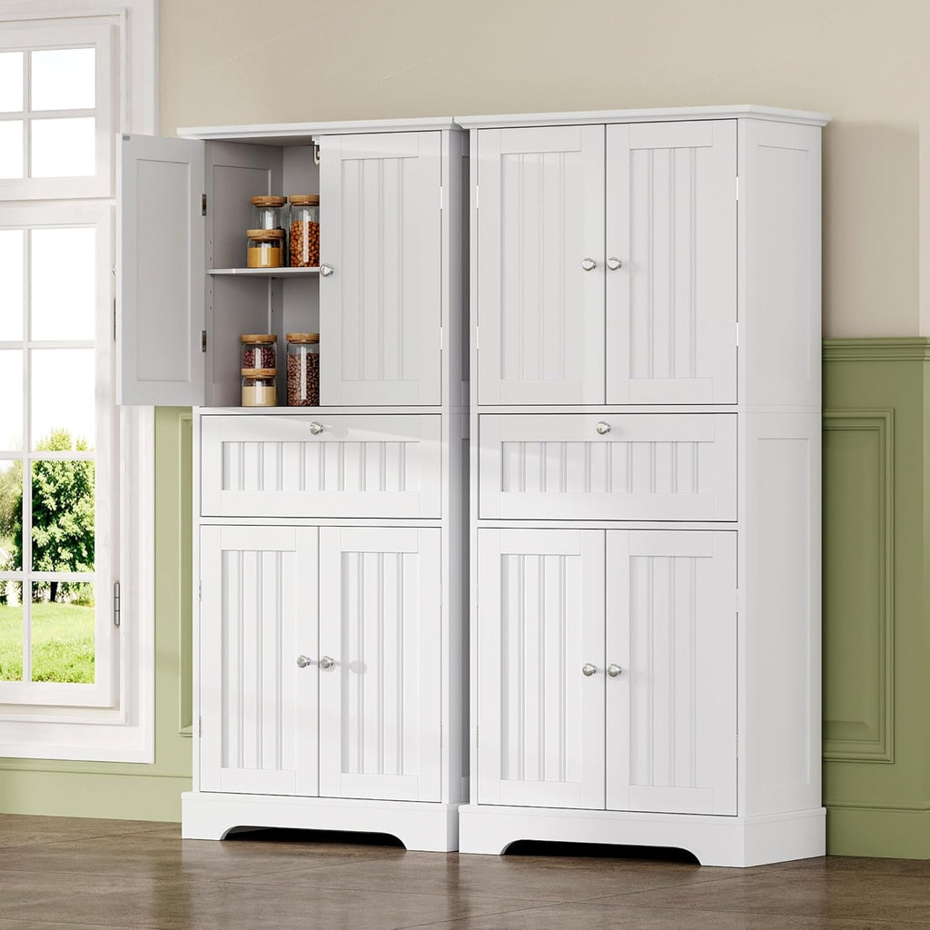 ChooChoo 72' H Tall Bathroom Floor Cabinet, Modern Bathroom Storage Cabinet with Drawer and Adjustable Shelves, Freestanding Kitchen Pantry Cupboard with 4 Doors for Living Room, White