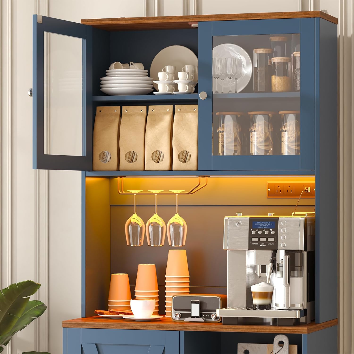 71' Tall Coffee Bar Cabinet with Storage Hutch, Farmhouse Kitchen Pantry Cabinet with LED Lights Microwave Stand and Glass Holder for Home Dining Room Kitchen (Blue)