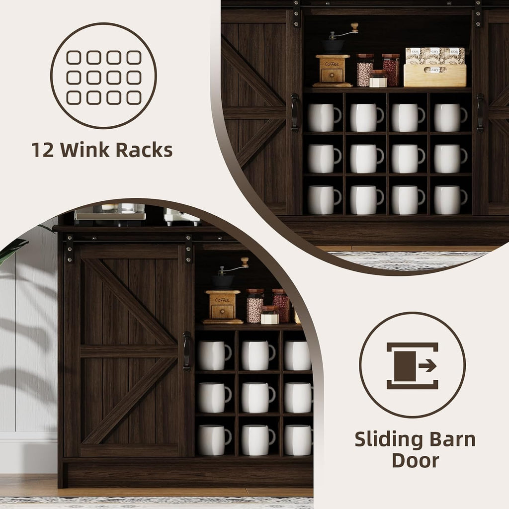 4ever2buy Farmhouse Coffee Bar Cabinet with 8 Hooks, 55' Kitchen Hutch Cabinet with Storage, Gray Coffee Bar with Sliding Barn Doors and 12 Racks for Living Dining Room, Dark Oak