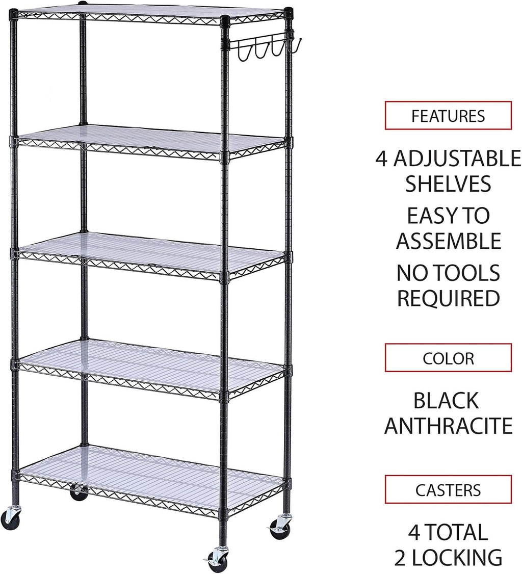 Alera 5-Shelf Wire Shelving Kit with Casters and Shelf Liners, 36w X 18d X 72h, Black Anthracite