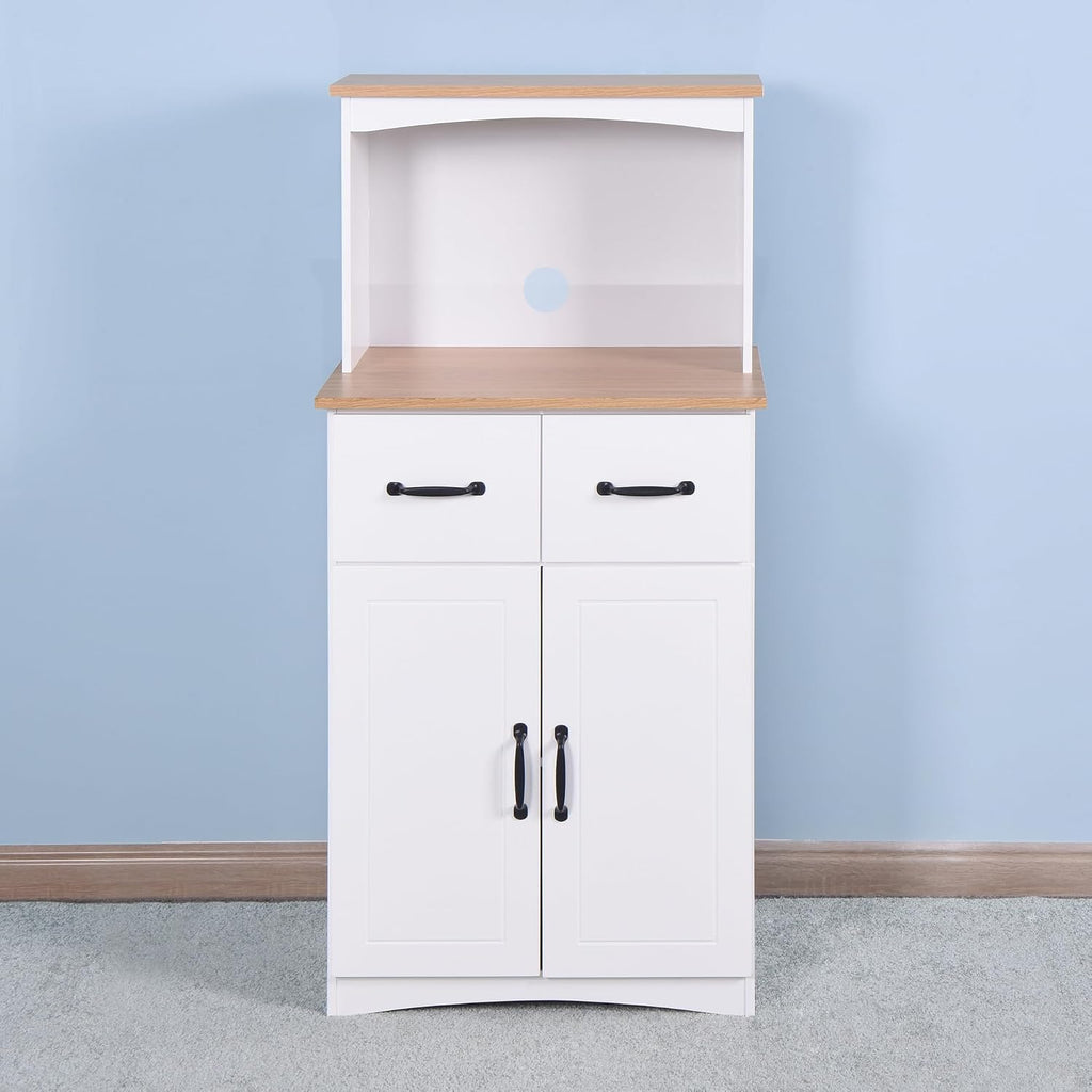 GDFStudio Wooden Kitchen Pantry Cabinet with Microwave Stand & Storage Drawer, Modern MDF Storage Cabinet with Adjustable Shelf, 2 Doors, Rectangle Home Organization Cupboard, White