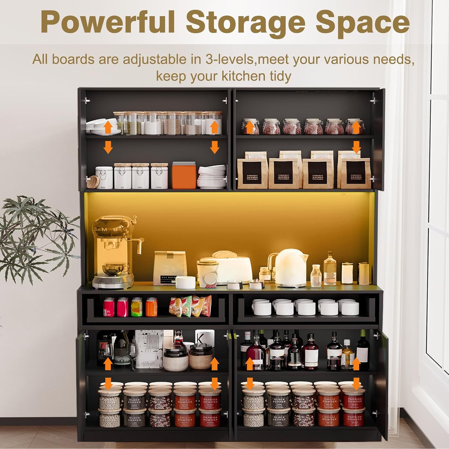 Hlivelood 71' Tall Pantry Cabinet, 47' Wide Kitchen Pantry Storage Cabinet with LED Light & Outlet, Kitchen Hutch with Microwave Shelf, Door Shelves & Drawer & Adjustable Shelves, for Dining Room