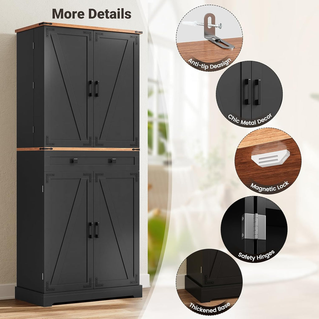 ELYKEN 72' Pantry Cabinet, Kitchen Storage Cabinet with 3 Pull Out Shelves & 8 Door Shelves, Tall Kitchen Pantry Cabinet with Adjustable Shelf, Kitchen Hutch with Large Drawer,for Dining Room