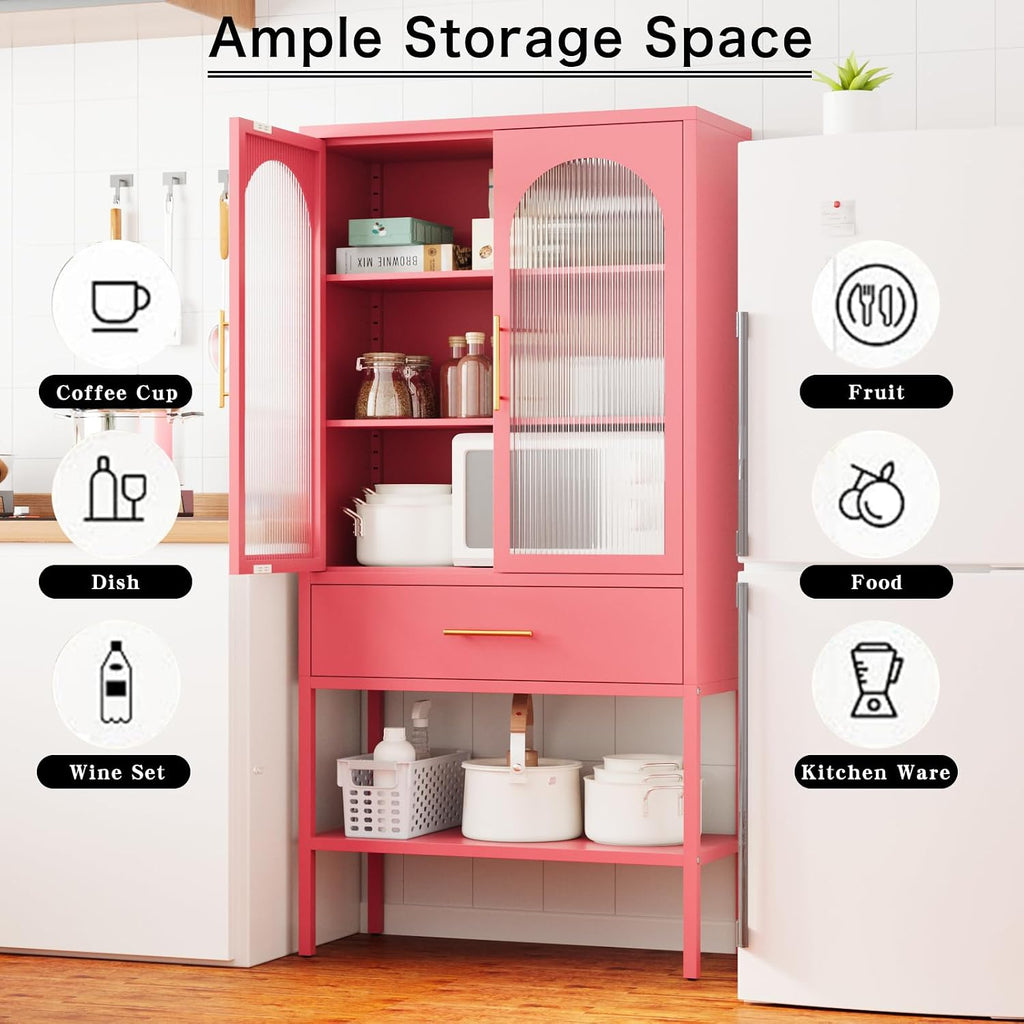 ALBAD 63 Inch Tall Metal Pantry/Display/Storage Cabinet with Fluted Glass Doors and Drawer & Adjustable Shelf for Modern Home Office Living Room Kitchen Pink
