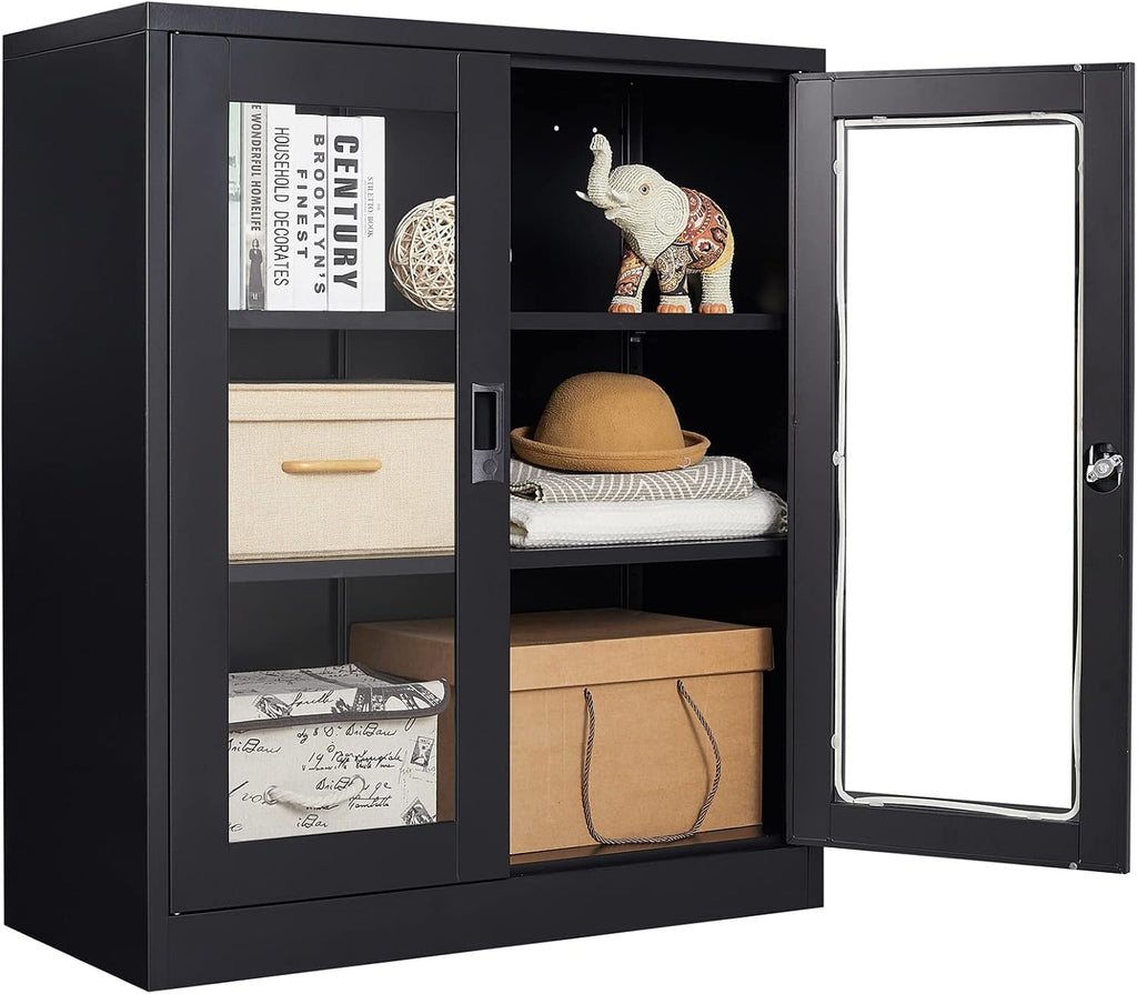 SISESOL Black Metal Storage Cabinet with Doors and Shelves,36 inch Locking Display Cabinet with Acrylic Doors,Office Cabinets with Lock,Sideboard Cabinets for Home Office,Living/Dining/Utility Room,