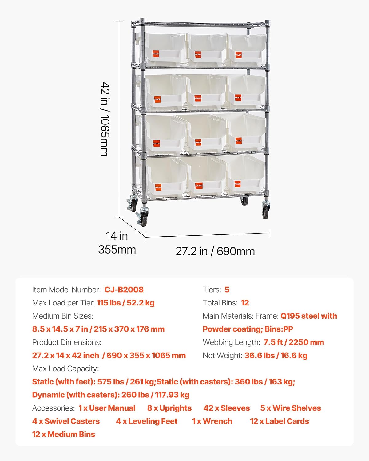 VEVOR 5-Tier Rolling Bin Storage Rack, 12 Organizer Bins, Bin Rack Storage Steel Wire Shelving System with Wheels, Mobile Tool Organizer for Garage, Warehouse, Office, Restaurant, Classroom, Kitchen