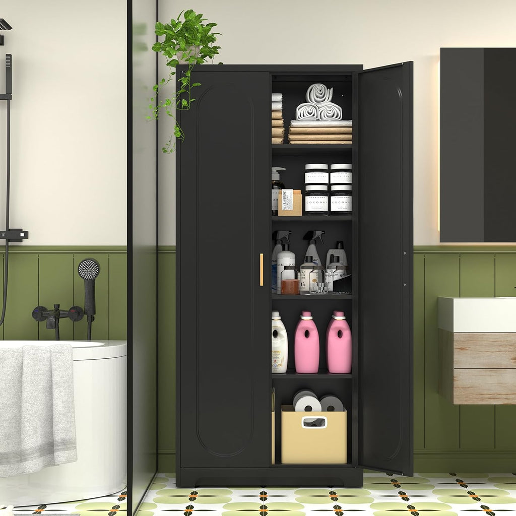 Polup 71' Tall Kitchen Pantry Cabinet, Pantry Storage Cabinet with Doors and Shelves, Metal Food Pantry Cabinets with Handles, Black Freestanding Cupboard for Living&Dining Room-Assemble Required