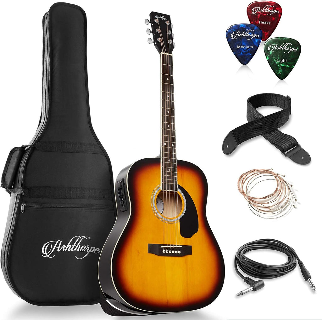 Ashthorpe Full-Size Dreadnought Acoustic-Electric Guitar Bundle - Premium Tonewoods - Sunburst