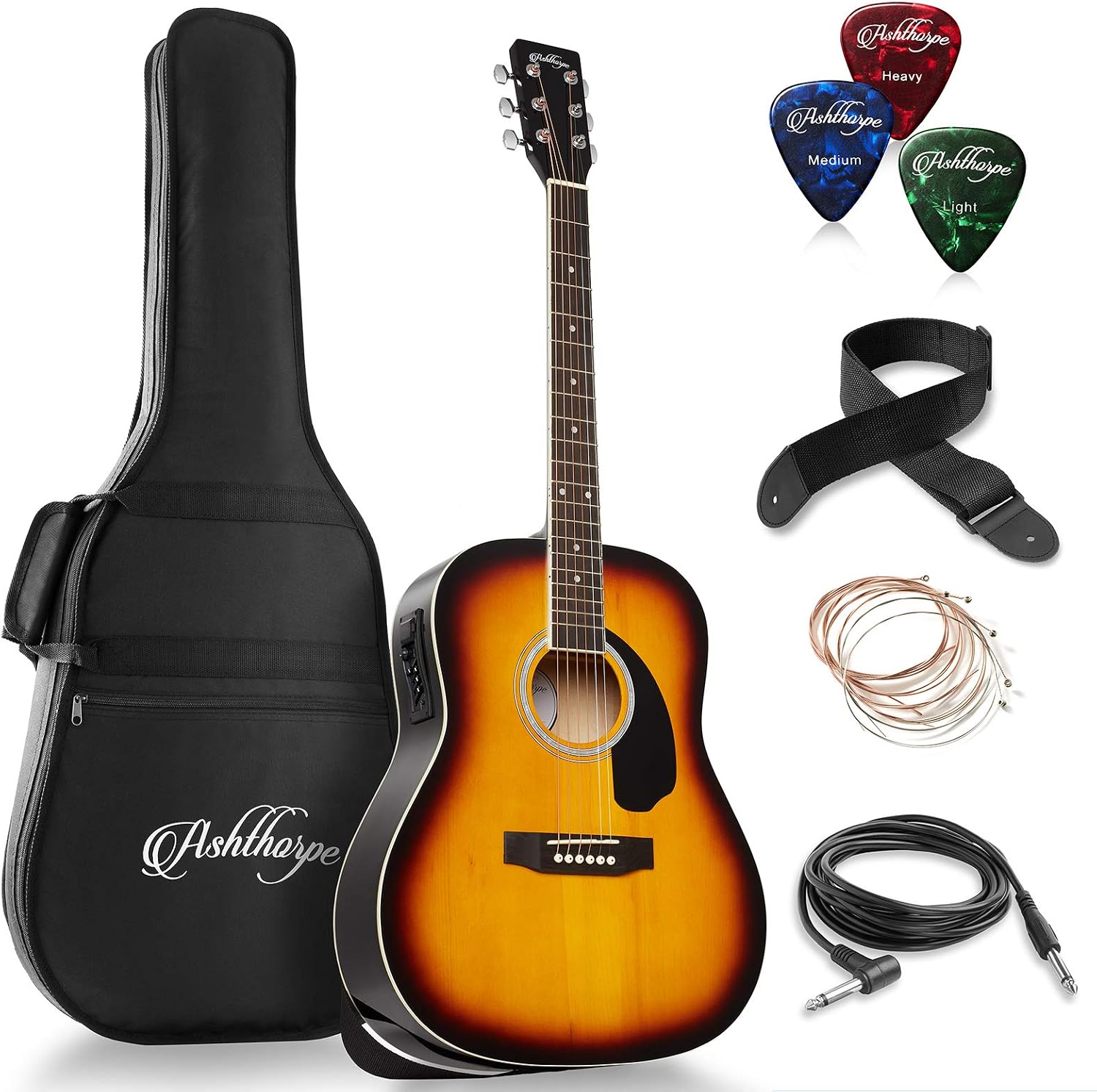 Ashthorpe Full-Size Dreadnought Acoustic-Electric Guitar Bundle - Premium Tonewoods - Sunburst
