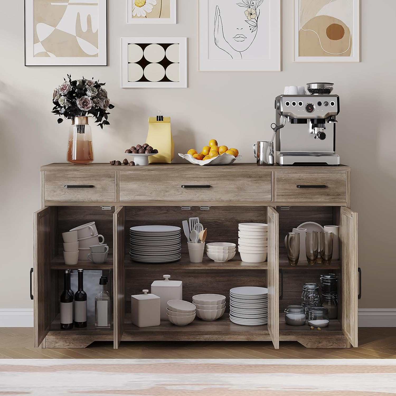 Garvee 55 in Large Buffet Sideboard Cabinet with Storage 4 Doors and 3 Drawers Kitchen Storage Cabinet Coffee Bar Buffet Table for Dining Room, Living Room, Adjustable Shelf