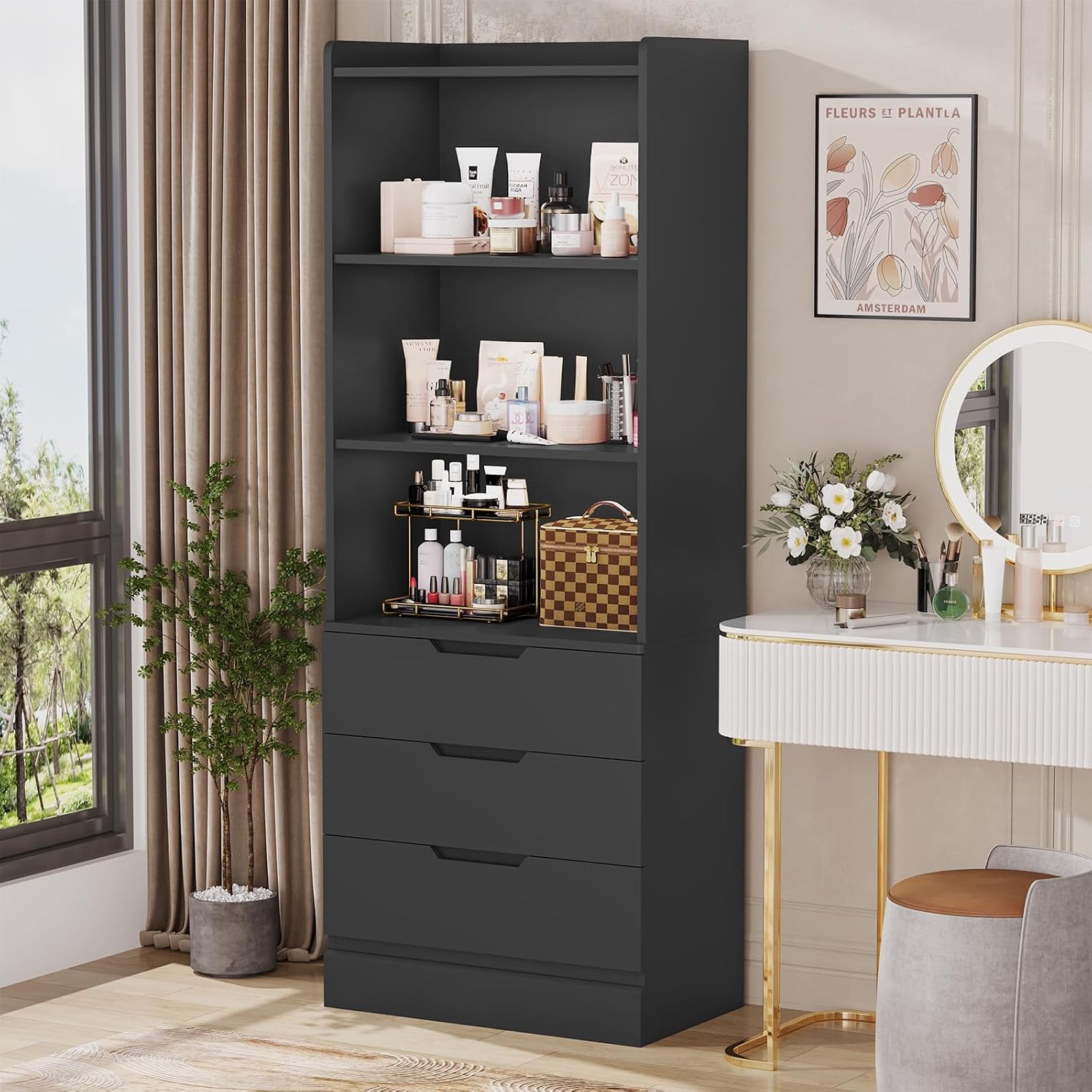 DICTAC Bookcase with 3 Drawers and Shelves 73.23'' Tall Bookshelf with Storage Modern Wood Closet Drawers System,Closet Organizer Unit Freestanding Tall Storage Cabinet for Home Office,Bathroom,Black